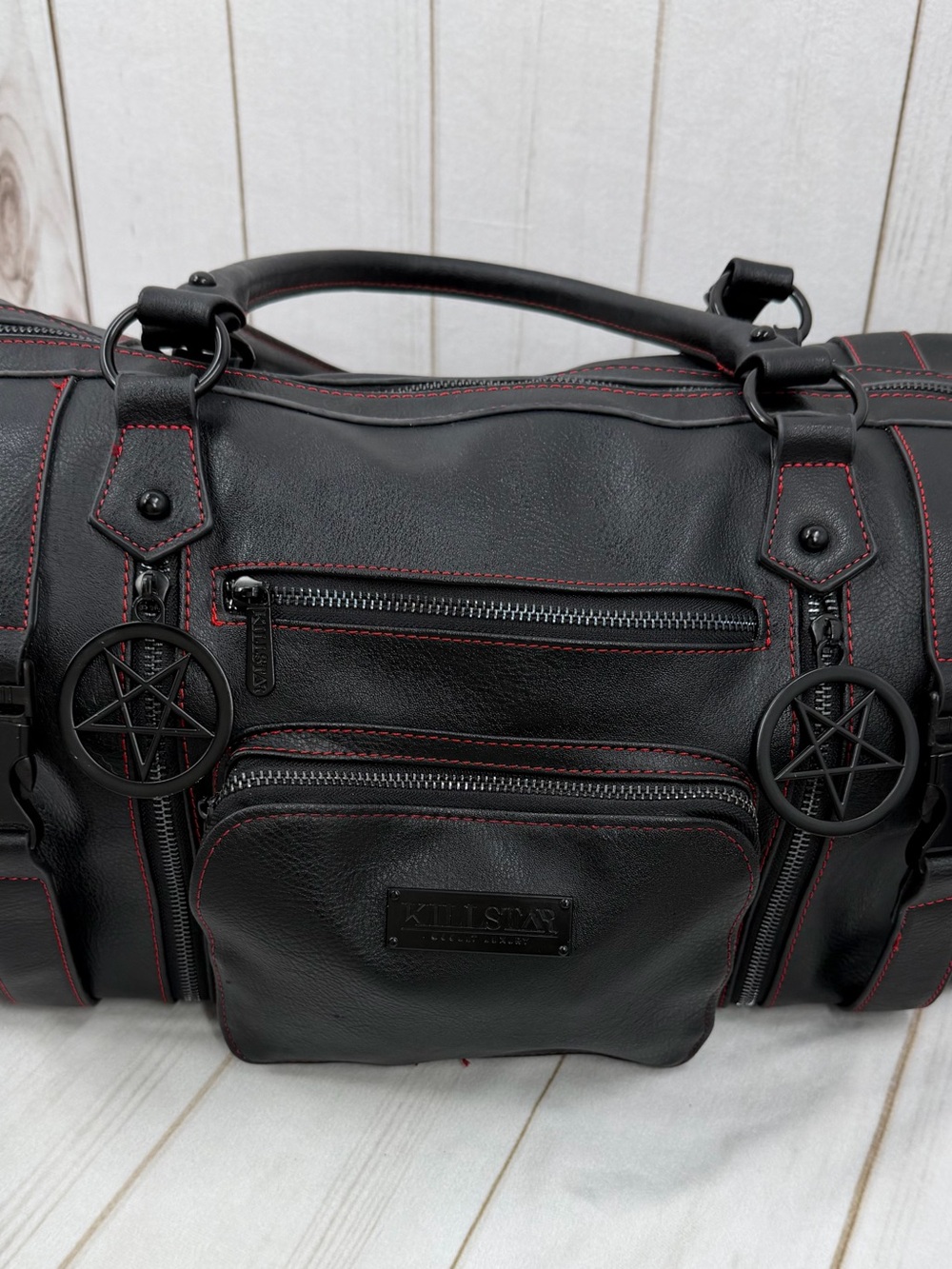 Killstar Black Duffel Bag with Red Stitching and Pentagram Pulls